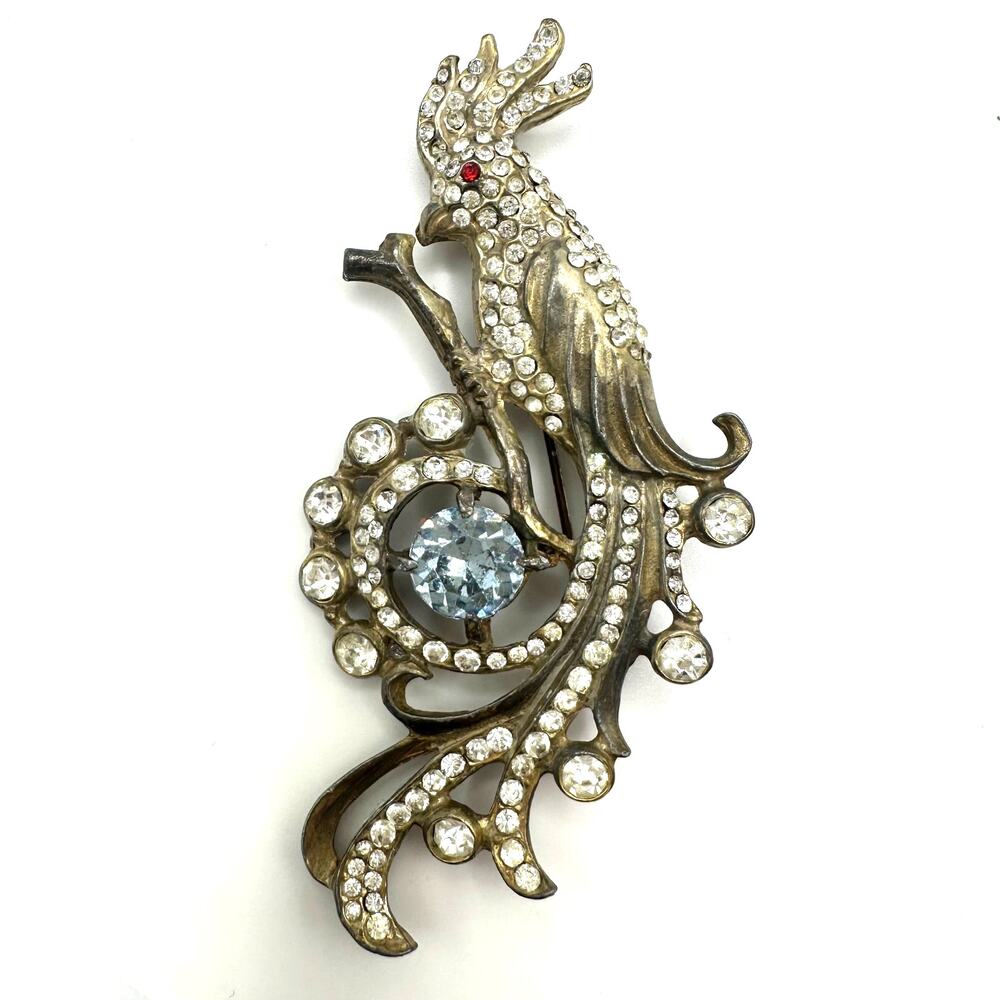 Antique Art Deco 1930s silver tone pot metal rhinestones phoenix bird brooch